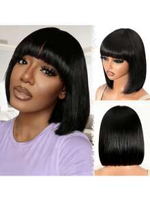 ZHENDEFA Peluca corta y ondulada sin flequillo, sin banda frontal, sin costuras, con una densidad del 180%, color natural, adecuada para mujeres, cabello brasileño liso con trama de máquina, conveniente y rápida - SNatural - Ver 3