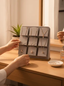 9-Grid Velvet Necklace Display Stand, Luxury Gold Base Jewelry Organizer, Jewelry Store Display Prop - Grey - View 3