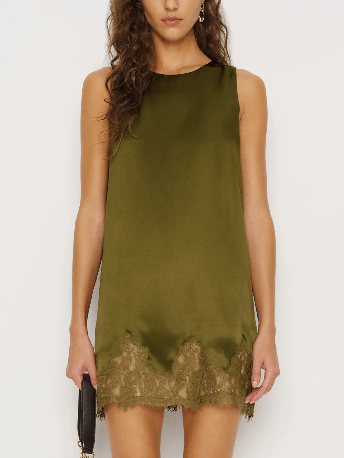 Women Satin Silk Lace Trim Mini Dress Sleeveless Crew Neck Loose Fit Tank Dress Elegant Straightline Short Dresses Summer Loung Sleep Pajama Dress Casual Daily Going Out Dress Streetwear - 綠色 - 查看 1