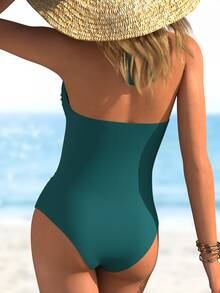 Women's Solid Color Emerald Green Sexy Ruffle Bandeau Swimsuit, Summer Beach Wear Vacation - Dark Green - View 2