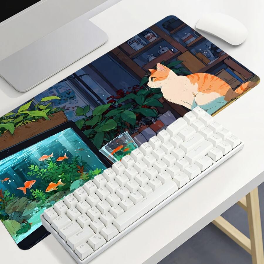 Tấm lót chuột hình mèo dễ thương, thiết kế nghệ thuật, thảm lót bàn làm việc thẩm mỹ, phụ kiện bàn làm việc văn phòng với đường viền may chắc chắn, chống trượt, cỡ XXL, đế cao su, tấm lót bàn phím 35.4x15.7 inch, tấm lót bàn làm việc thể thao điện tử cho văn phòng tại nhà, đồ dùng văn phòng, trang trí văn phòng. - Hình vuông - Xem 1