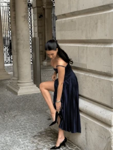 纯色优雅休闲褶皱连衣裙，适合婚礼、生日派对、约会、晚宴、情人节等夏季场合。 - 藏蓝色 - 查看 5