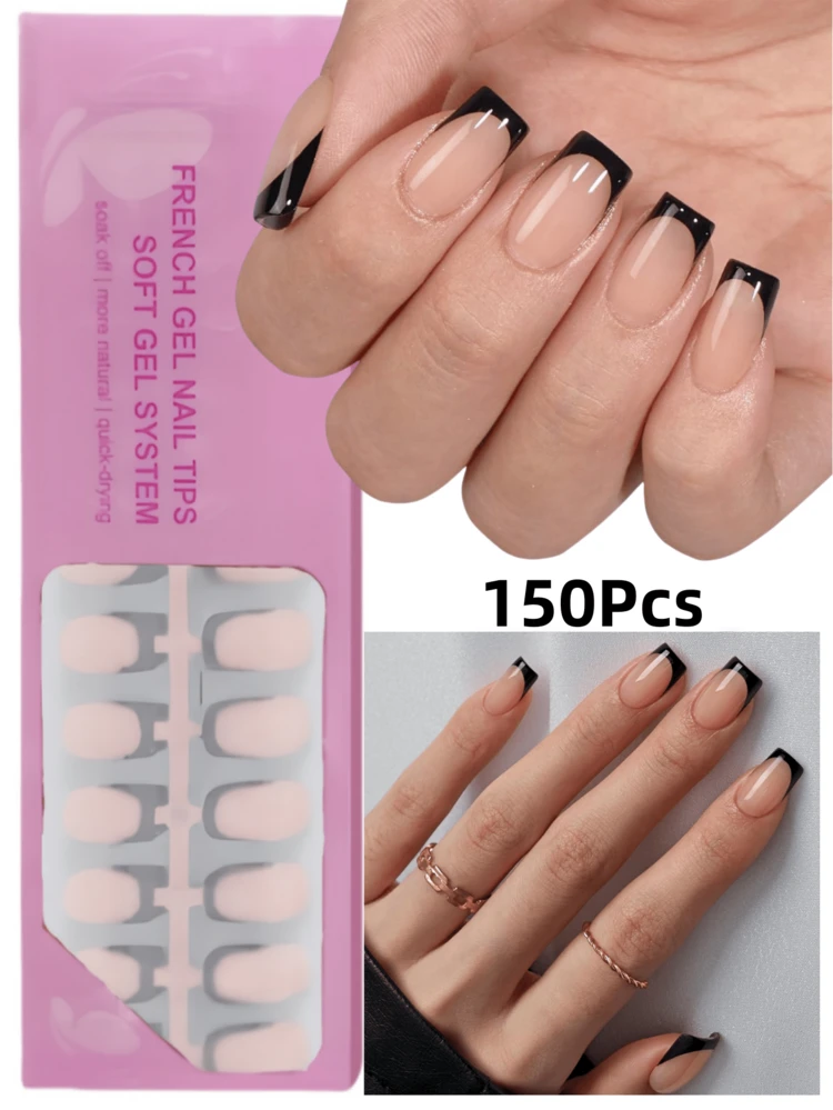 150 piezas de uñas postizas cuadradas cortas con puntas francesas, puntas francesas de color piel y negro, puntas de uñas de gel suave, set de uñas falsas, para usar como uñas postizas para manualidades, estilo simple y versátil en 15 tallas adecuadas para mujeres - Negro - Añade 1