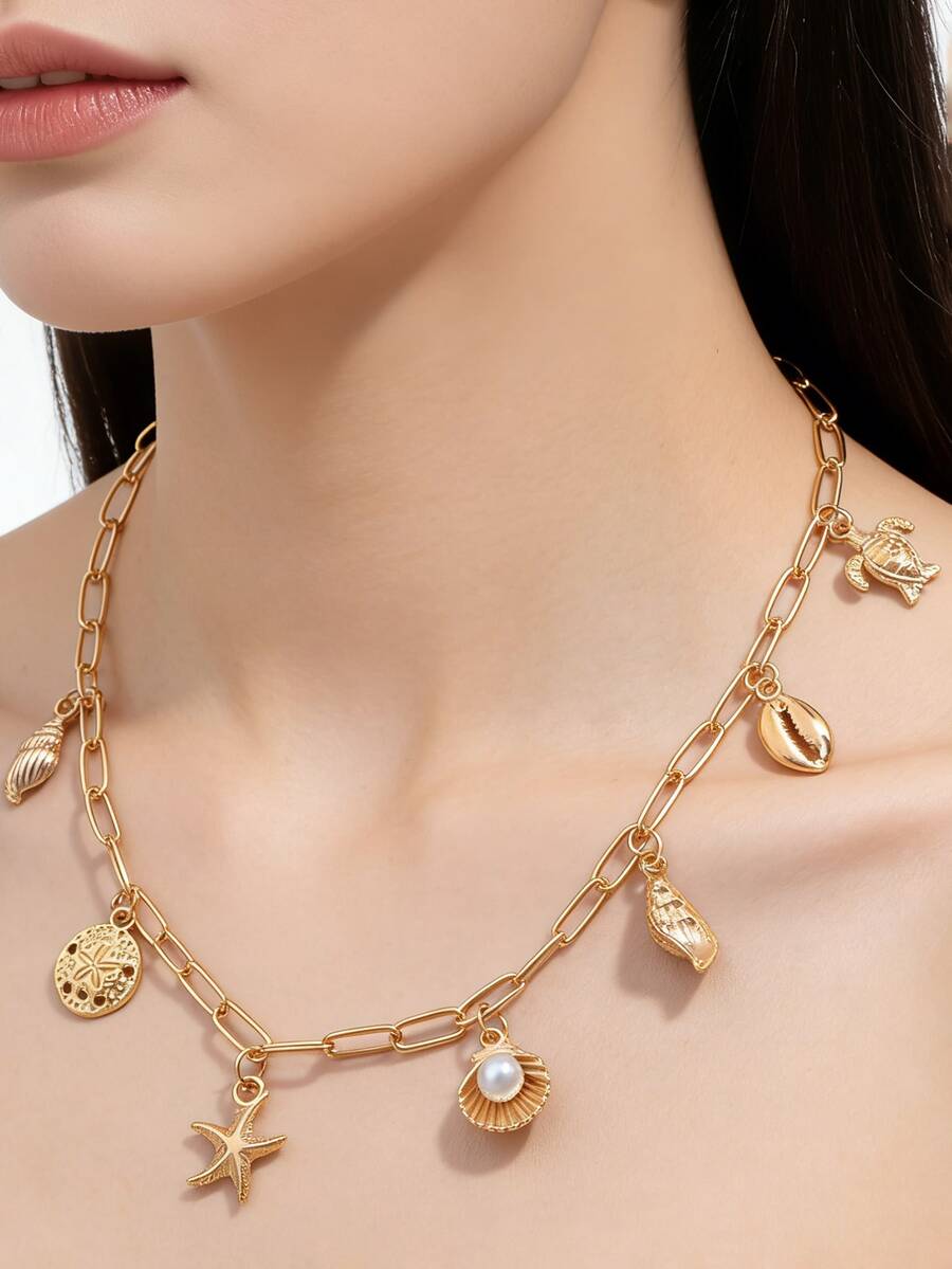 1件时尚ZA吊坠项链，复古波西米亚海滩风，饰有海星、贝壳、海龟和多吊坠设计，多层颈链，派对/节日礼物，百搭配饰