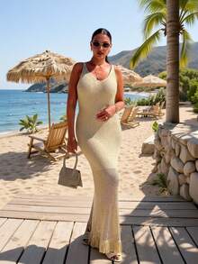 Women's Minimalist Elegant Knit Dress, Casual Chic Style, Spring/Summer - Camel - View 1