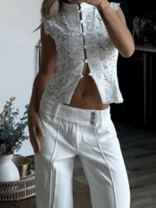 Women Elegant Floral Lace Tank Top Solid Color Chinese Frog Button Sleeveless Shirt Fairy Aesthetic Slim Fit Mock Neck Vest Top Y2k Casual Streetwear - trắng - Xem 4