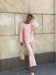 2pcs/Set Elegant Commuting & Casual Vintage Coin Pattern Silk-Like Satin Texture Women Outfit Pink Spring - Pink - View 6