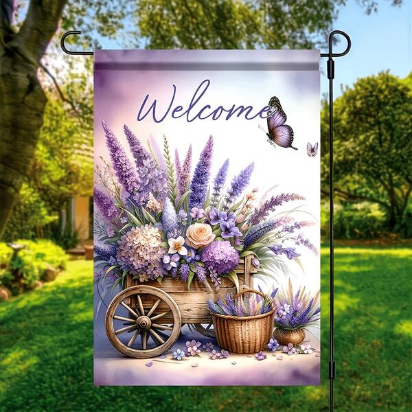 1面亮紫色薰衣草和绣球花迎宾花园旗 - 45x30厘米，耐用涤纶材质，双面户外装饰，饰有蝴蝶图案，适用于露台、草坪和庭院 - 不含旗杆，花园装饰品