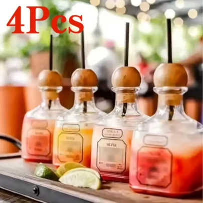2/4-Pack Reusable 12.68oz Clear Plastic Wine Bottles | Mini Blank Tequili Bottles With Straws, Suitable For Beverages, Champagne, Wine, Alcohol, Party Gifts, Weddings