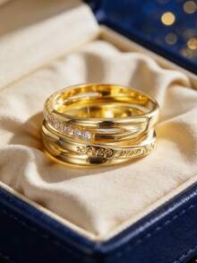 2pcs/Set Women's Gold-Plated Zirconia Ring Set, Twisted Design (Engraved + Micro-Inlaid Zirconia), Minimalist Elegant Style, Suitable For Daily Commute/Versatile, Fashionable Birthday Gift - Gold - View 3