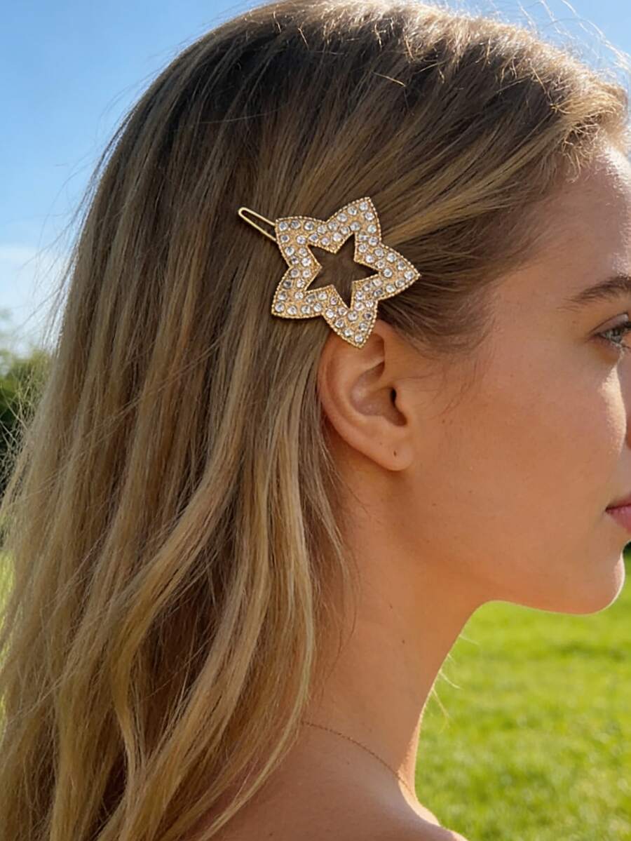 1pc Elegant Minimalist Versatile Hair Clips With Rhinestones, Heart, Star, Moon, Flower, Butterfly Metal Clips - Multicolor - View 1