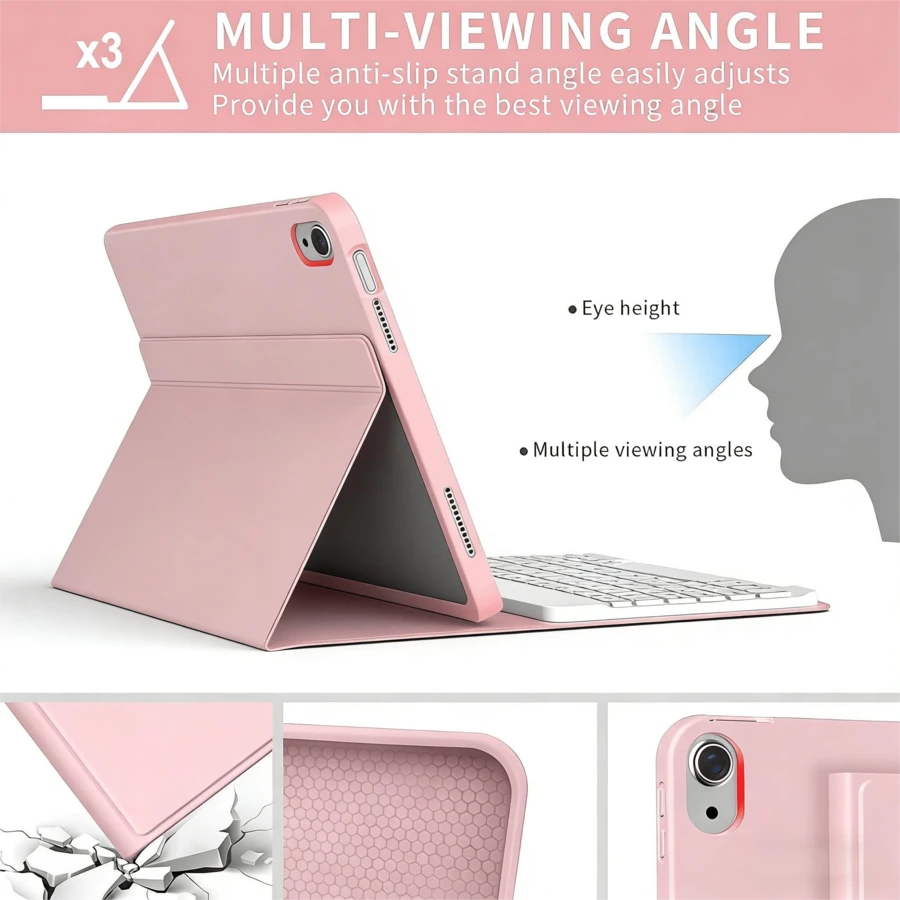 TenYide 书本式平板电脑保护套，键盘保护套，超薄蓝牙键盘+平板电脑保护套带支架，防摔/防震/防尘/防指纹，键盘保护套兼容iPad 5/6/7/8/9/10/11代（A16）、iPad Pro 11/Pro 12.9/Pro 13、iPad Air 1/2/3/4/5/6/11/13，保护套包含可拆卸无线键盘、电池和保护盖，兼容三星Galaxy Tab系列/iPad系列。 - 粉色 - 查看 1