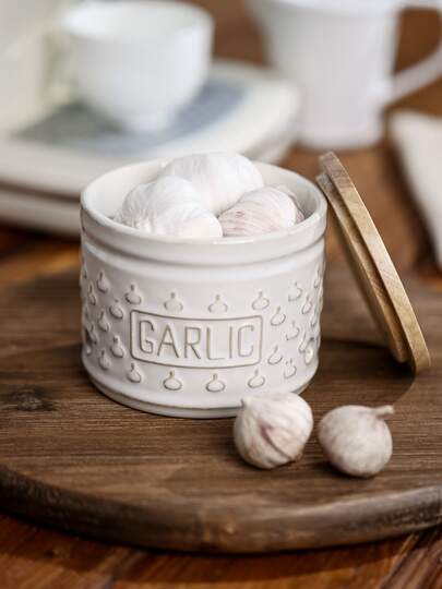 4.3 Inch Ceramic Garlic Preservation Box With Wooden Lid, Relief Kiln Transformation, Ceramic Garlic Rack Storage, Kitchen Garlic Container, Garlic Preservation Box, Keeps Your Garlic Cloves Fresh For A Long Time, Multiple Colors