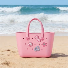 Miniso Barbie Sunlight Sparkle Series Summer EVA Beach Basket Tote Bag, Hollow Handbag, Cartoon Cute Shoulder Bag, Lunch Bag, Perfect For Beach Vacation, Travel And Holiday Essentials - Pink - View 5