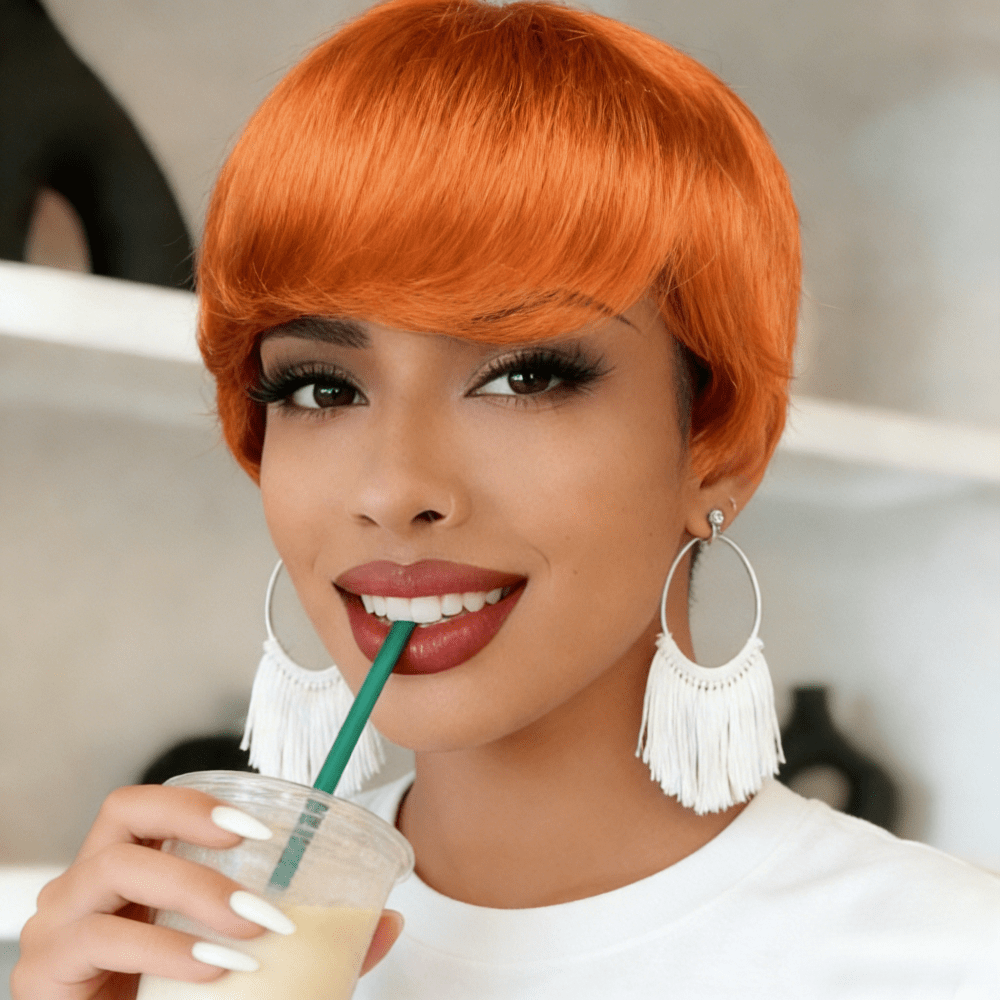 Tóc giả ngắn thẳng bằng tóc thật kiểu pixie, tóc giả nguyên đầu được làm bằng máy, thiết kế dành cho nữ, độ dày 150%, lưới hoa hồng, thích hợp sử dụng hàng ngày.