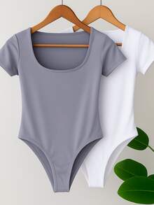Set Of 2 Women's Bodysuits With Square Neckline And Short Sleeves, Spandex Fabric - 灰色/白色 - 查看 1