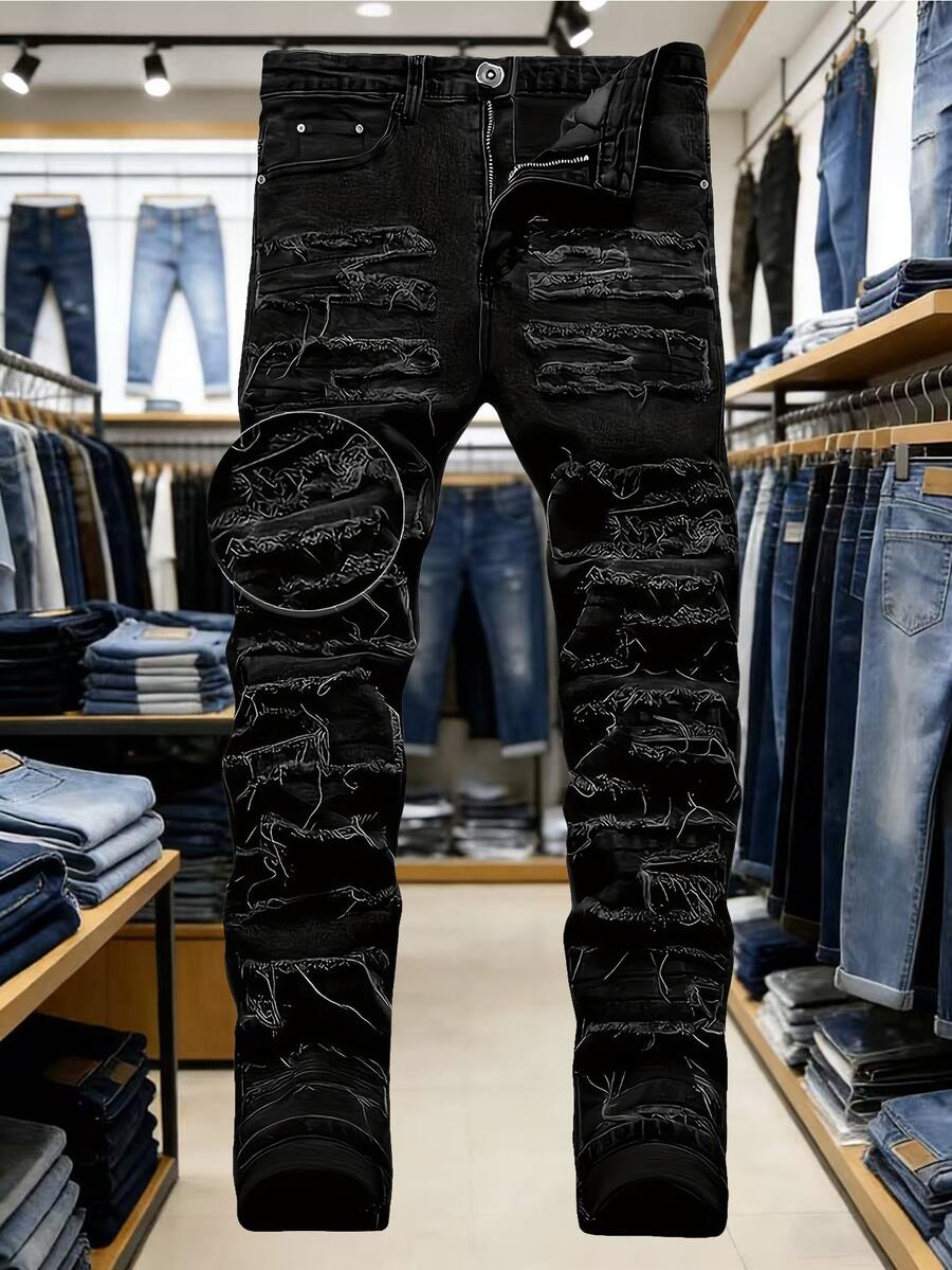 Men's Elastic Slim Fit Jeans Four Seasons Versatile Classic Style - 黑色 - 查看 1