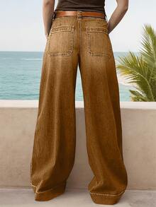 Wide Leg Stretch Jeans - Comfortable, Soft, And Breathable For Casual Wear Denim Womenswear - 卡其色 - 查看 3