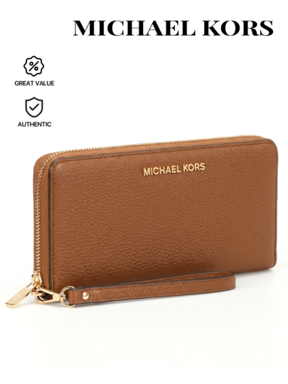 Michael Kors Jet Set Travel Saffiano Leather Women's Wristlet Wallet Luggage Brown Zip Around 17 Card Slots 32S5GTVE9L230 Phone Case Travel Essential Fall