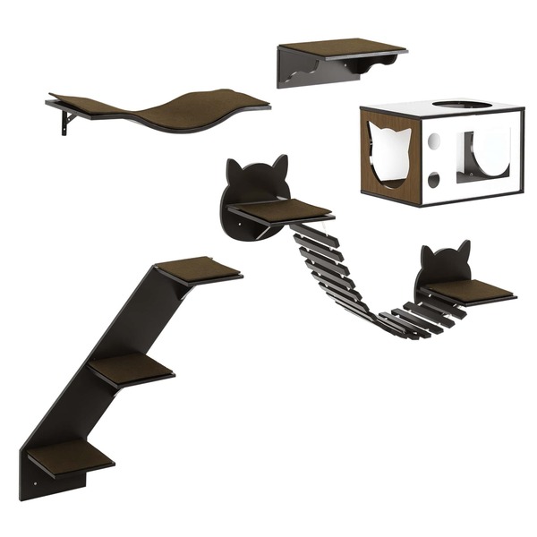 5 Piece Cat Wall Shelves, Wall-Mounted Cat Tree For Indoor Use - Brown
