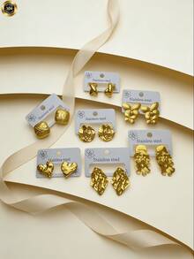 7 Pairs Of Elegant And Luxurious Golden Women's Earrings - 18K Gold Plated, Made Of Stainless Steel, Hypoallergenic. Simple And Mosaic-Free Design, Double Bow Style, Heart-Shaped, Romantic. Round Uneven Design. Perfect For Daily And Festive Wear. Hearts Valentines Jewelry - Multicolor - View 4