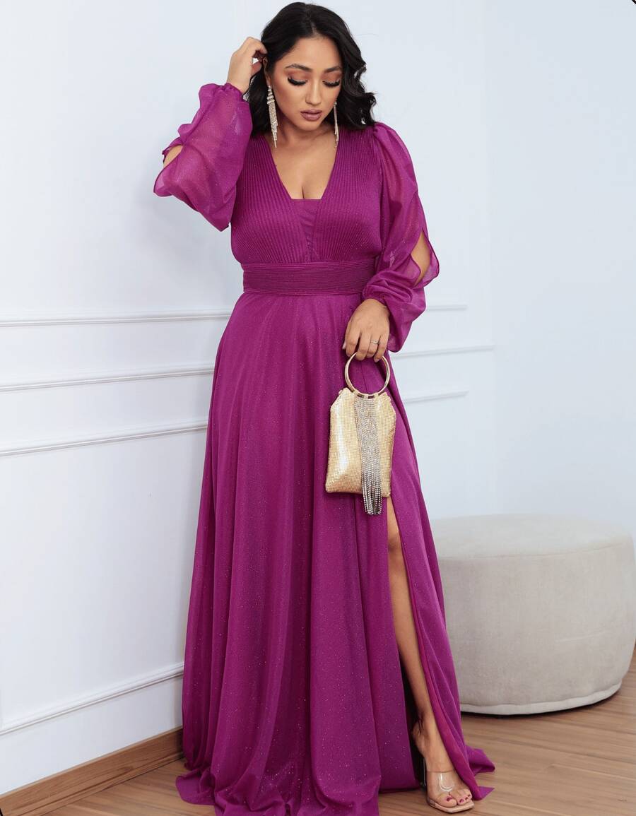 Elegant Long Tulle Dress With Open Sleeves And V-Neck, Perfect For Parties, Weddings, And Bridesmaids. - 玫瑰紅 - 查看 1