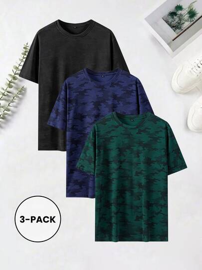 3 piezas Camisetas de manga corta con efecto refrescante para hombres en negro + azul marino + verde oscuro