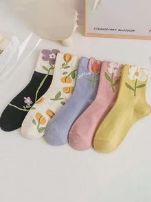 5 Pairs Cute Minimalist Fashion Versatile Mid-Calf Socks - Multicolor - View 1