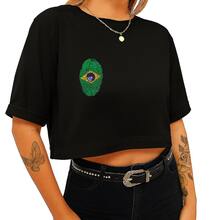 Cropped Cotton Oversized Top With Brazil Digital Print 1005 Premium Comfortable Fabric World Cup Players Team - màu đen - Xem 1