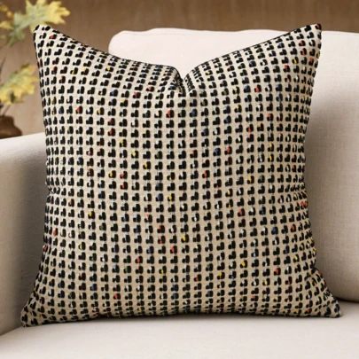 1pc Square Chenille Plaid Geometric Decorative Pillow Case, Suitable For Sofa, Living Room, Bedroom, Farmhouse, Also Can Be Used As A Gift, No Filling