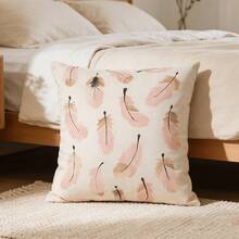 1pc Linen Unfilled Pillowcase, Pink Feather Print Pillowcase, Suitable For Living Room And Home Use - Pink Feathers - View 4
