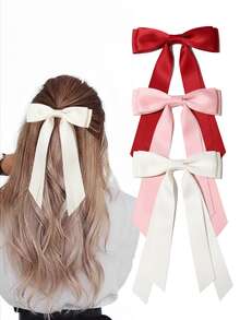 3 件装大号缎带蝴蝶结发夹，适合女士和女孩，长款丝带蝴蝶结发夹，法式丝滑大号发饰，芭蕾舞风格发夹，适合婚礼、派对和日常佩戴（红色、粉色、白色），爪夹，头饰，发卡 - 彩色 - 查看 6