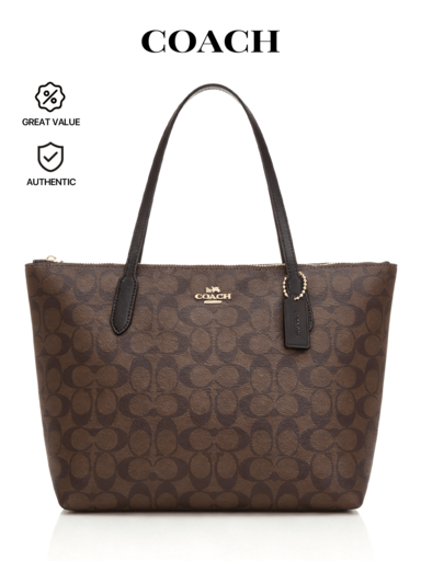 Authentic Coach Fiona Zip Tote Bag CBT18IMXAQ Signature Canvas Premium Designer Leather - Best Women's Tote Bag Summer Kickoff Graduation Gift Memorial Day Weekend Ready