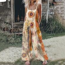 (Free Shipping!!!) 2026 Women's New Arrival Beige & Multi Sunflower Abstract Floral Print Patchwork Spaghetti Strap Wide Leg Elastic Waist Bohemian Pastoral Vintage Casual Jumpsuit - 橘色 - 查看 2
