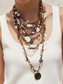 1pc Luxury Design Waterfall Geometric Sequin Round Pendant Multi-Layer Braided Rope Necklace For Women - Gold - View 1