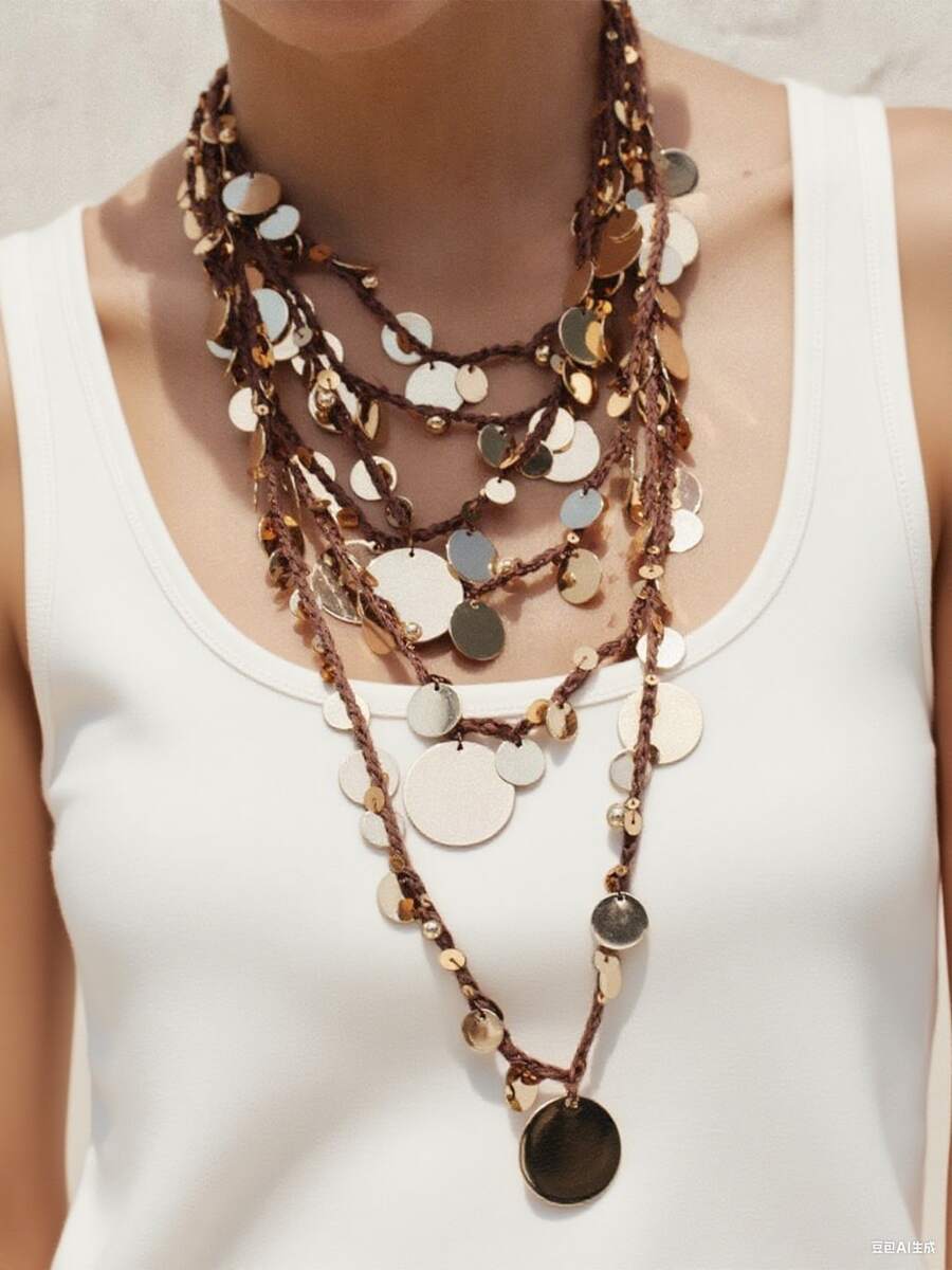 1pc Luxury Design Waterfall Geometric Sequin Round Pendant Multi-Layer Braided Rope Necklace For Women - Gold - View 1