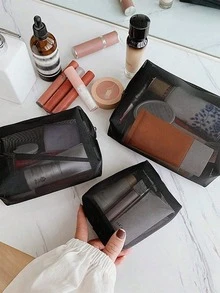 1/2/3pcs Set Black Minimalist Nylon Mesh Makeup Bag, Large Capacity Travel Makeup Organizer Box, Transparent Essential Cosmetic Storage Zipper Pouch, Nail Bag, Makeup Bag, Toiletry Bag, Desktop Organizer - Black - View 4