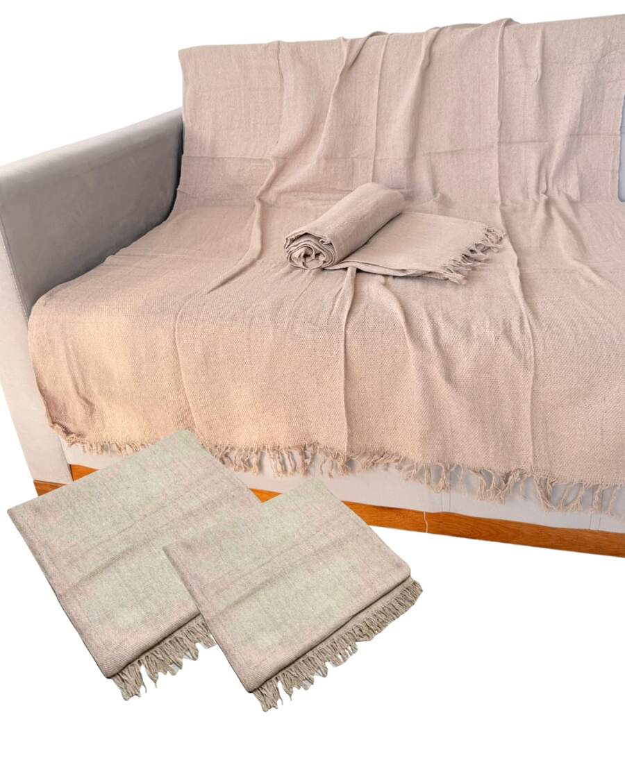 Set Of 2 Throws For Sofa Or Bed, 100% Cotton, Size 210x120, Decorative And Protective Cover For A New And Elegant Home - 沙 - 查看 1