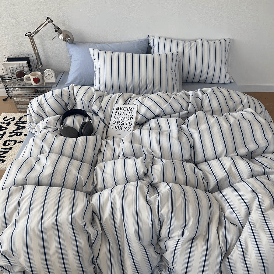 Juego de ropa de cama minimalista nórdico a rayas de 3 piezas, 2 fundas de almohada + 1 funda nórdica