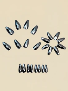 24pcs 3D Rhombus Electroplated Super Shiny Diamond False Nails, Nail Art Supplies, Gothic Style Nails, Almond Shape Nails, Gray Nails - Dark Grey - View 4