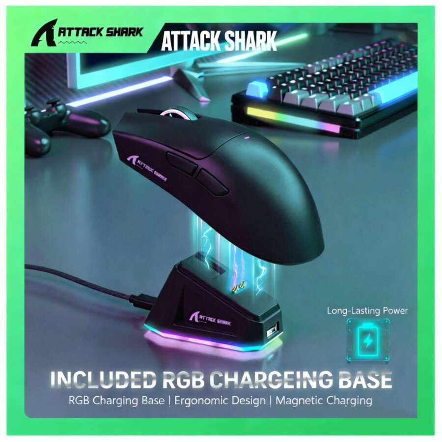 ATTACK SHARK X11 无线游戏鼠标 - 2.4G/蓝牙/有线三模式，62克超轻人体工学设计，PAW3311传感器，22000 DPI，带RGB充电底座 - 彩色 - 查看 1