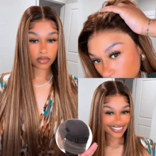 ZHENDEFA 4/27 Ombre Honey Gold Highlight Straight Human Hair Invisible 360 Degree Full Lace Wig With 200% Density Brazilian Remy Hair Hairline - S4/27 - View 3