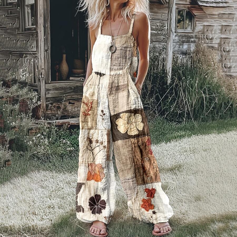 (Free Shipping!!!) 2026 Women's New Arrival Beige & Earth Tone Floral Embroidered Patchwork Spaghetti Strap Wide Leg Elastic Waist Bohemian Rustic Vintage Casual Jumpsuit;Mother's Day Gifit - 黃色 - 查看 1