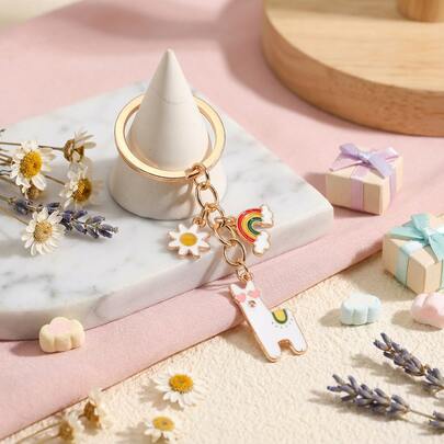 Rainbow Alpaca Keychain, Creative 2026 Valentine's Day Cartoon Heart Alpaca Rainbow Zinc Alloy Pendant Keychain, Women Bag Jewelry Accessory