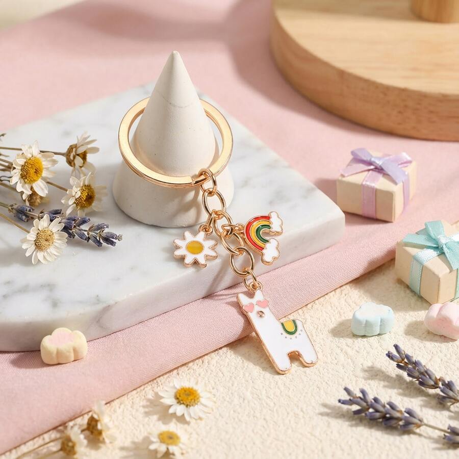 Rainbow Alpaca Keychain, Creative 2026 Valentine's Day Cartoon Heart Alpaca Rainbow Zinc Alloy Pendant Keychain, Women Bag Jewelry Accessory - Multicolor - View 1