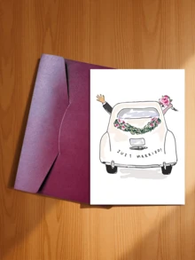 1pc Classic Car Illustration Newlywed Congratulations Card, Cartoon Animal Theme, Paper Material, Versatile For Bride & Groom - Sets - View 6
