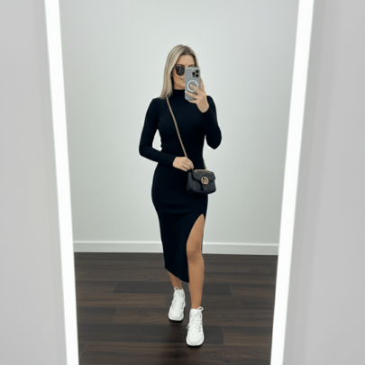 Vestido Midi Manga Longa Gola tecido luxuoso SUPLEX PREMIUM  elegante  Casual    Malhado  Abertura lateral  Botões na frente    Férias  Praia