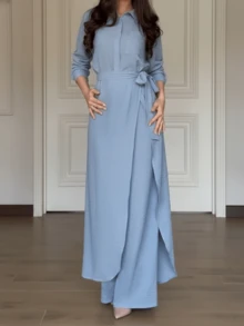 3er Set: Hellblaues Hemd mit Knöpfen vorne, Rock mit Schlitz an der Seite, und Lässig Hose für Damen, elegante Frühlings-Pendler-Garderobe - Babyblau - Übersicht 8