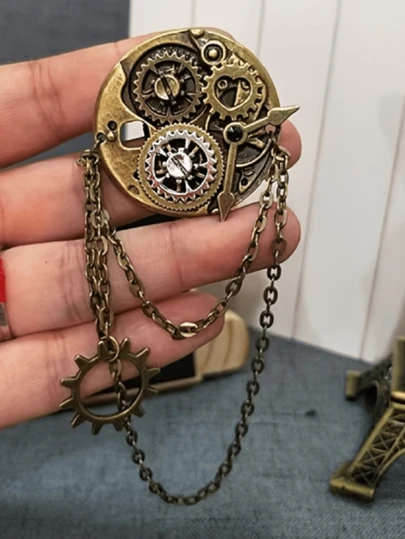 1pc Vintage Steampunk Style Brooch, Includes Clock, Gears And Multi-Functional Gothic Hair Clip, Made Of Stainless Steel