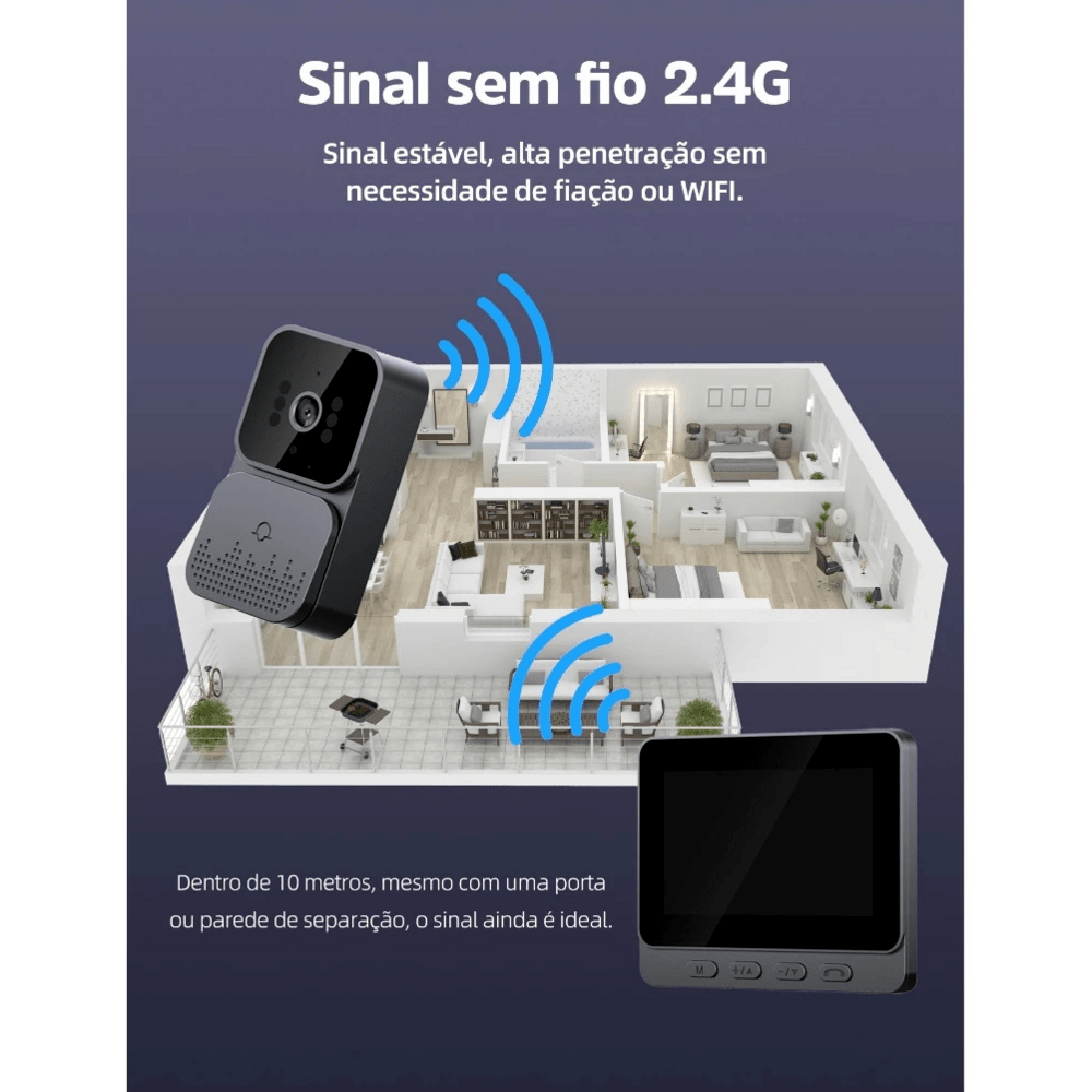Campainha Sem Fio com Câmera e Intercomunicador de Vídeo – Tela de 4,3 e Visão Noturna Infravermelha